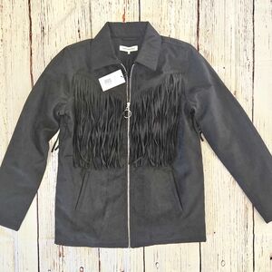 WeWoreWhat Faux Suede Black Fringe Jacket Zip Front Size S NWT